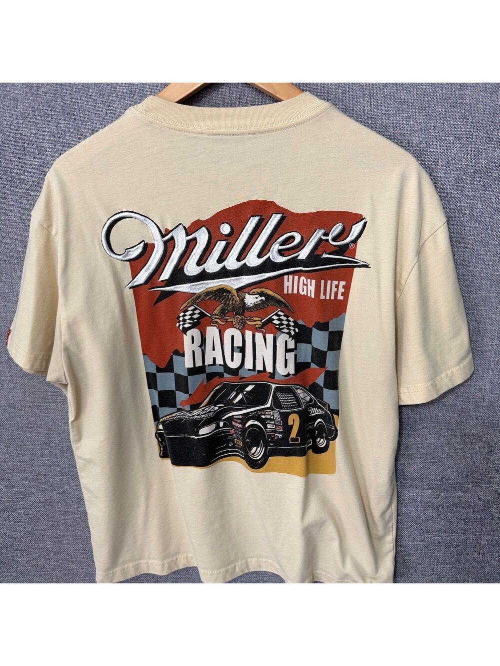 Miller High Life Racing T-Shirt Mens M Embroidered Car #2 Checkered Flag
